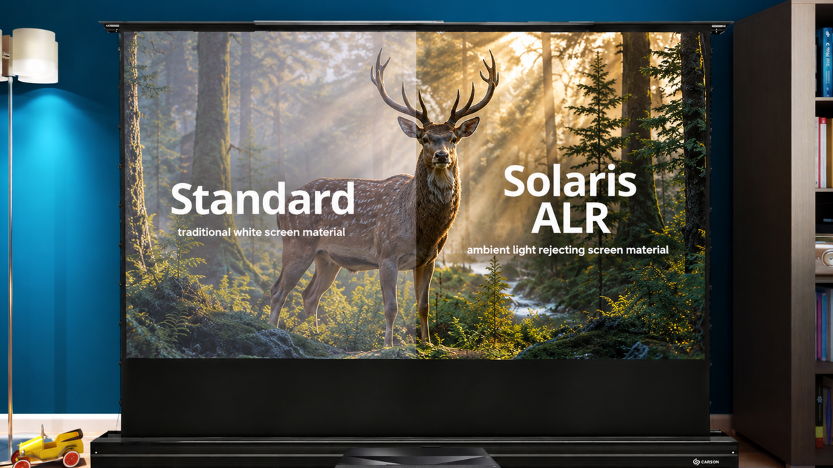 Carson Screens The Solaris 16:9 4K/8K Powered Floor-Rising ALR Projector Screen - Super High Ambient Light Rejection - BrightStar Ultra UST 8K