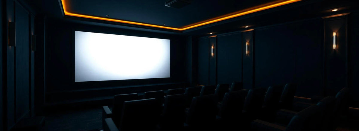 A dark home theater or movie theater interior with rows of black seats facing a large illuminated white screen, with warm orange accent lighting along the ceiling and side walls.