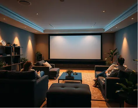 People sitting in a home theater watching a movie on a screen.