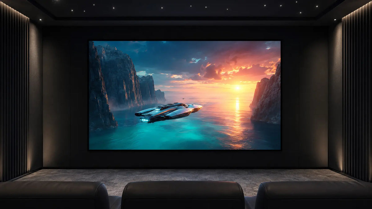 A home theater interior with a large wall-mounted screen displaying a dramatic coastal sunset scene with a futuristic boat or spacecraft floating on turquoise water. The room has dark walls, slatted side panels, and the front of theater seating is visible below the screen.