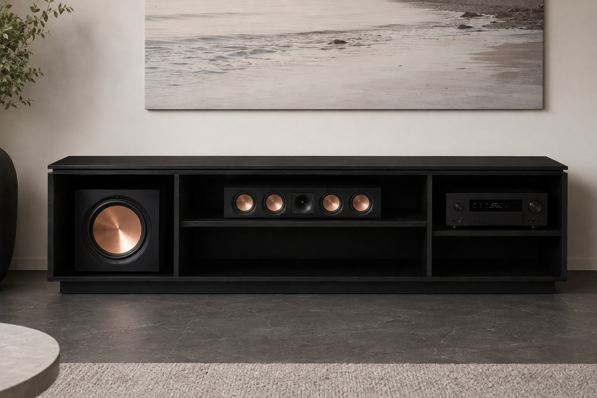 A black multi-compartment media console or speaker stand in a modern living room setting, featuring a subwoofer with a copper-colored driver on the left, a center channel speaker array, and an audio receiver on the right.